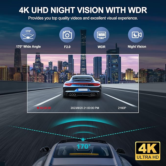 3 Channel 4K Dash Cam with 5GHz WiFi & APP Control, 4K+1080P+1440P Dash Cam Front and Rear Inside with 64GB Card, Dash Camera for Cars with Night Vision, Loop Recording, 24H Parking Mode, G-Sensor - Image 7