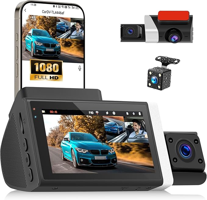 3 Channel Dash Cam Front and Rear Inside, 2.9'' 1080P Dash Camera for Cars,Three Way Triple Car Camera with App Control Super Night Vision,Wide Angle,Loop Recording,G-Sensor,24 Parking Monitor by GOHHDL