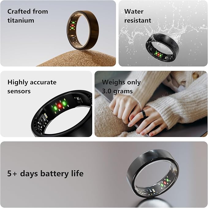 Titanium Smart Ring, Sleep & Activity Tracking Ring with Heart Rate, HRV, Stress Insights, 7-Day Battery Life, No Subscription, IP68 Waterproof, iOS & Android Compatible (Black, 7) - Image 6