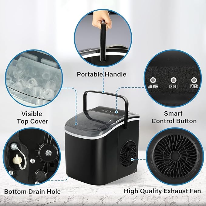 YSSOA Countertop Ice Maker with Ice Spoon and Basket, 26lbs Ice Per Day, 6 Mins 9 Bullet Ice, Self-Cleaning, Efficient for Camping, Kitchen, Office, Black - Image 2