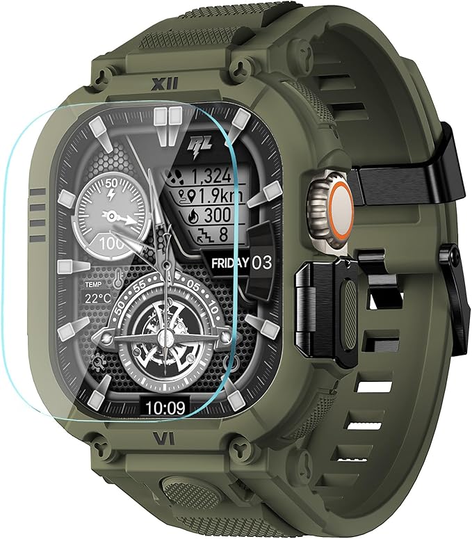 XYF Sport Smartwatch Cases with Band for Men, Rugged Shockproof Protective Metal Bumper Case,Compatible with Apple Watch Ultra 3/2/1 (49mm) Wristband with Screen Protector (49mm,Army Green) by XYFElectronicAccessories