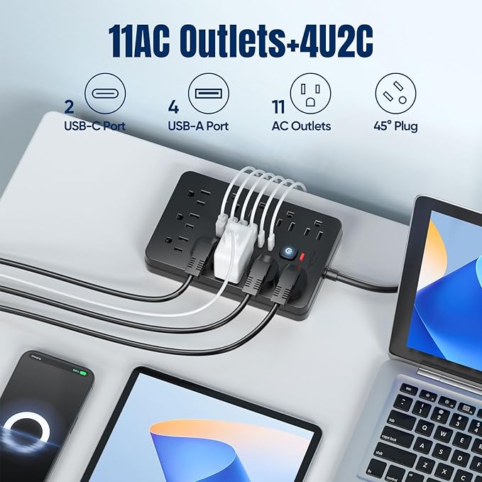 JouleLoom 10 FT Flat Plug Surge Protector Power Strip,11 Multiple AC Outlets with 6 USB Ports (2 USB C), 10 Feet Extension Cord, 1250W/10A, One Touch Switch Button, 17 in 1 Compact powerstrip - Image 2
