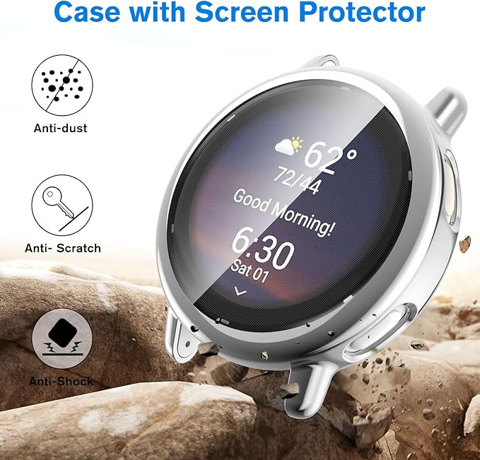 Fintie 3 Packs Screen Protector Case Compatible with Garmin Vivoactive 5, Soft TPU Plated Bumper Full Cover Protective Cases Scratch-Proof, Black/Silver/Clear - Image 3