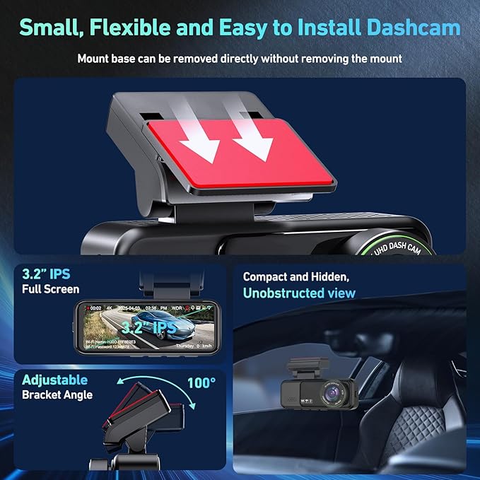 Dash Cam Front and Rear, 4K Dash Cam Built-in 5.8G WiFi GPS ADAS, 3.2" IPS Screen Dash Camera for Cars with Free 32GB Card,G-Sensor,Loop Recording,WDR,Night Vision Dashboard Camera - Image 9