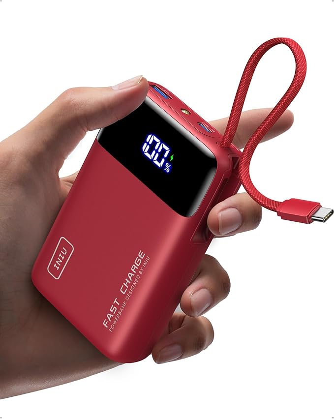 INIU Portable Charger, Compact 20000mAh Power Bank with Build in USB-C Cable, 45W Fast Charging Mini Powerbank, Flight Cruise Ship Travel Essentials Phone Charger for College Student Boys Girls, Red by INIU