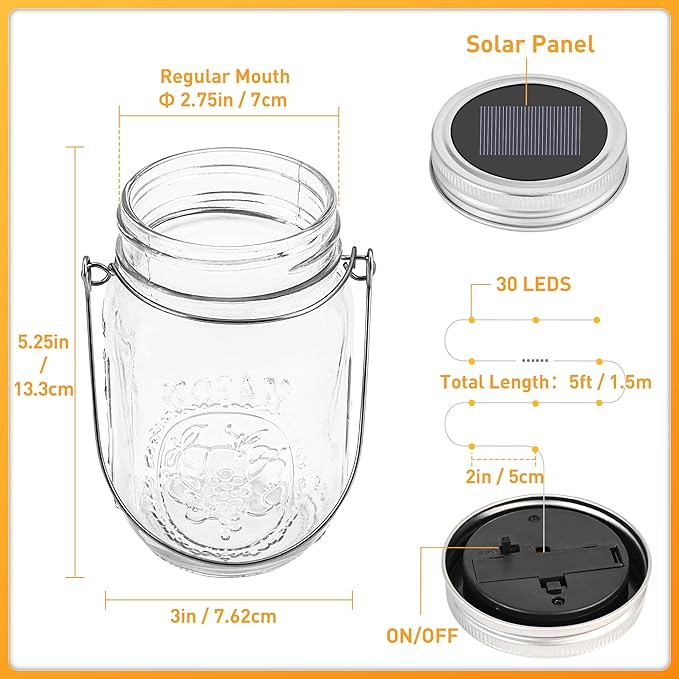 GIGALUMI Solar Mason Jar Lights, 8 Pack 30 Led String Fairy Lights Garden Lights Outdoor Waterproof Metal Lid Hanging Solar Lanterns for Outdoor, Garden, Patio, Lawn, Balcony Decoration - Image 2