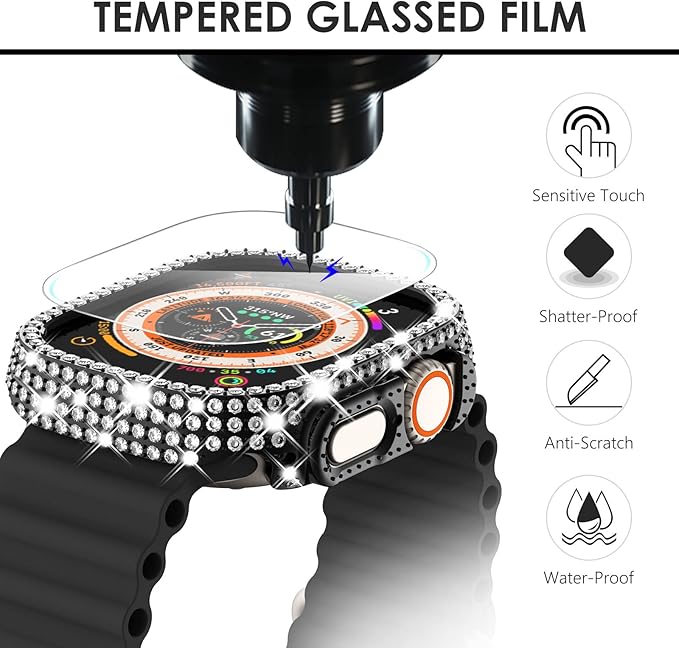 [2+1] Surace Compatible with Apple Watch Ultra 49mm Screen Protector Case, 400 Diamonds with Screen Protector Bling Case Tempered Glass Protective Cover for Apple Watch Ultra 49mm, Black - Image 5
