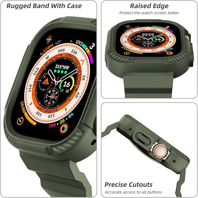 OROBAY Rugged Band Compatible with Apple Watch Ultra 3/2/1 Band 49mm with Case, Shockproof Strap for iWatch Ultra 3/2/1 with Bumper Case Cover Men Women, Army Green - Image 3
