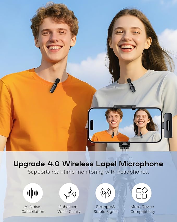 Wireless Mini Microphone for iPhone - 2 Pack Lavalier Microphone for Video Recording, 2 in 1 Noise Reduction Lapel Mic for Ipad, Android,Clip-on Mini Mic with Charging Case - Image 2