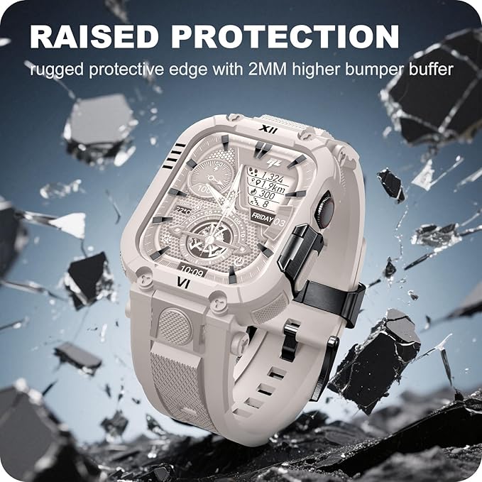 XYF Sport Smartwatch Cases with Band for Men, Rugged Shockproof Protective Metal Bumper Case,Compatible with Apple Watch 45mm 44mm Series 9/8/7/6/5/4/SE 3/2/1 Wristband (44/45mm,Starlight/Black) - Image 4