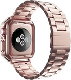 Designed for Apple Watch Band and Case, Stainless Steel Metal Chain with TPU Cover, Smart-Watch Link Bracelet Strap, Wrist-Band for i-Watch Series 9 8 7 6 5 4 3 2 1 SE, 45mm 44mm 42mm, Rose-Gold - Image 2