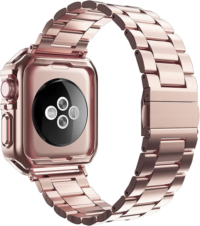 Designed for Apple Watch Band and Case, Stainless Steel Metal Chain with TPU Cover, Smart-Watch Link Bracelet Strap, Wrist-Band for i-Watch Series 9 8 7 6 5 4 3 2 1 SE, 45mm 44mm 42mm, Rose-Gold - Image 2