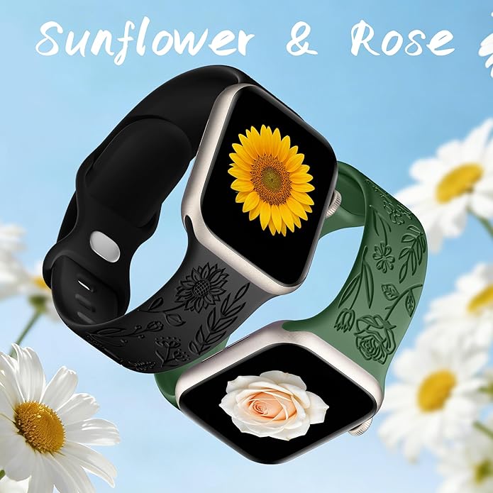 SNBLK 6 Pack Floral Engraved Bands Compatible with Apple Watch Bands 40mm 41mm 42mm 38mm 44mm 45mm 46mm 49mm Women Men, Silicone Flower Pattern Strap for iWatch Series 11 10 Se Ultra 9 8 7 6 5 4 3 2 1 - Image 4