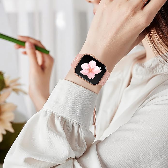 2 Pack Floral Engraved Bands for Apple Watch Band 38mm 40mm 41mm 42mm 44mm 45mm 46mm 49mm Women, Two-Tone Cute Flower Soft Silicone Sport Strap for iWatch S10 9 8 7 6 5 4 3 2 SE Ultra - Image 7