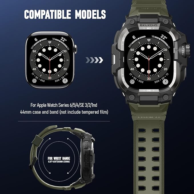 BXUXOHS Rugged Case and Band for Apple Watch 44mm Men, Compatible with Apple Watch SE 3/SE 2nd Generation/SE/Series 6/5/4, Military Grade Shockproof Bumper Cover,Tactical Band Case for iWatch 6/5/4/SE - Image 2