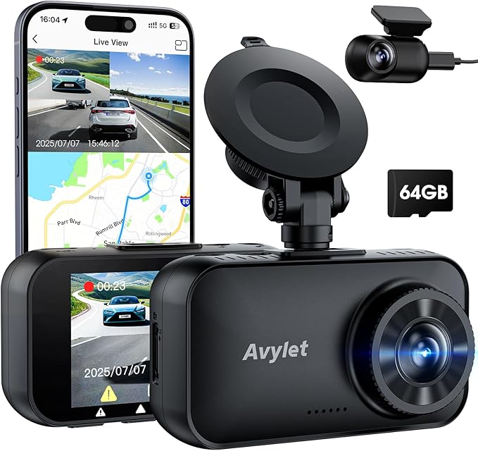 Avylet 4K/2.5K+1080P Dash Cam Front and Rear, 5G WiFi APP Dash Camera for Cars with 64GB Card, ADAS Lane Assist, 2.7”IPS Screen, Parking Mode, External GPS Module, Night Vision, G-Sensor by Avylet