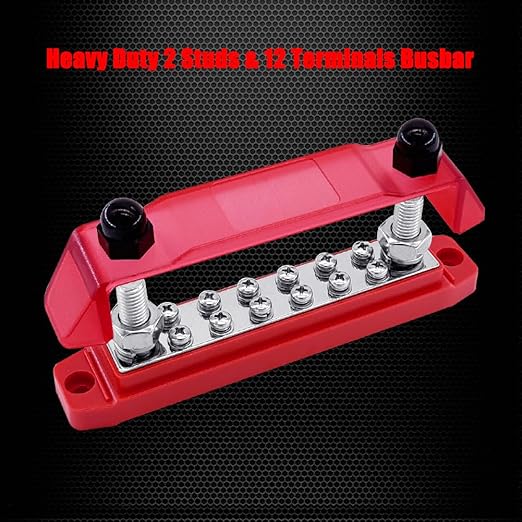 Ampper Power Distribution Block Bus Bar 12V, 2 x M10 (3/8") Studs & 12 x M4 (#8) Screws, 6.3" 300A Marine BusBar Battery Distribution Block W/Cover for Car Boat Solar (Red) - Image 2