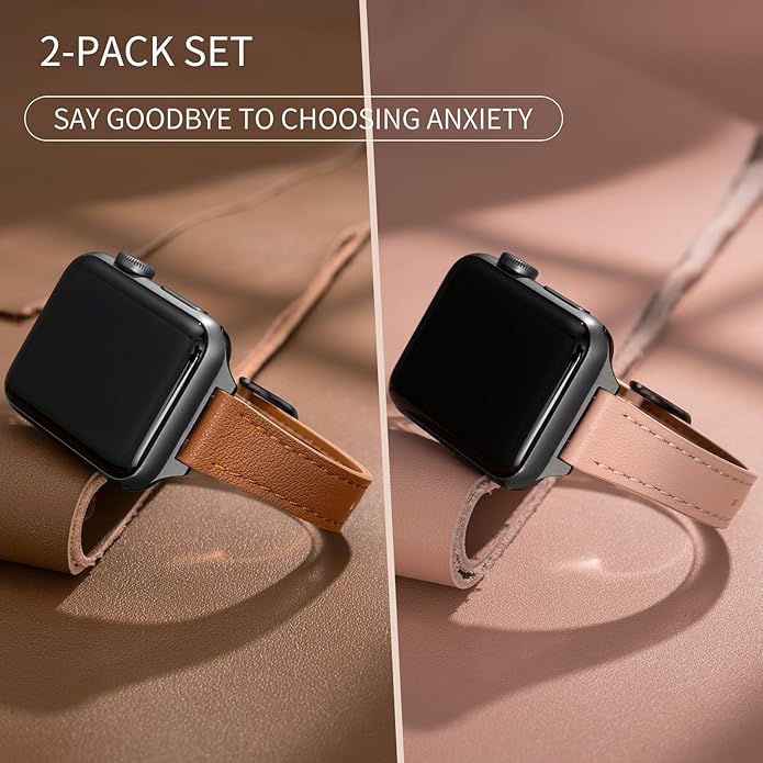 SEURE 2-pack Leather Bands Compatible with Apple Watch Band for women 38mm 40mm 41mm 42mm 44mm 45mm 46mm 49mm,Genuine Leather Band Slim Thin Strap for iWatch Ultra SE Series 11/10/9/8/7/6/5/4/3/2/1 - Image 2