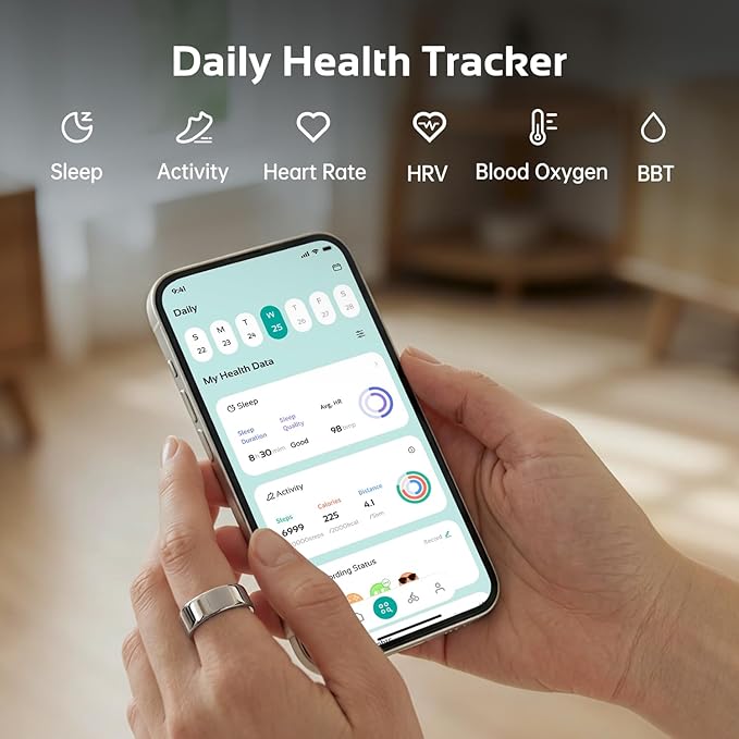 opove O Ring Smart Ring, Fitness Trackers Rings with Sleep/Stress/Heart Rate/Women's Health Monitoring, Comfortable Wearing, Up to 7 Days Using, Fitness Ring for Android & iOS, Silver-Size6 - Image 3