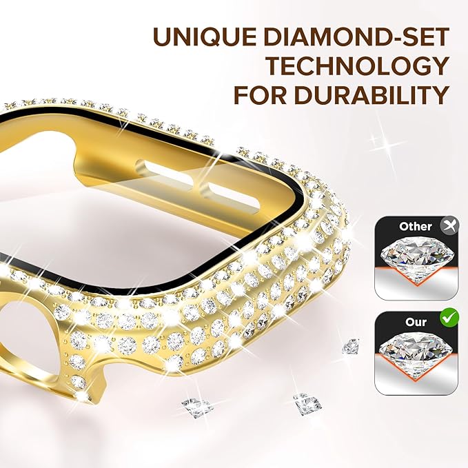 KADES Compatible with Apple Watch Series 3 2 1 with Built-in Tempered Glass Screen Protector Bling Crystal Diamond Rhinestone Full Protective Bumper Cover for Women (38mm,Gold) - Image 4