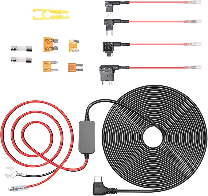 Dash Cam Hardwire Kit USB C Hard Wire Kit with 12V-24V to 5V Car Dash Camera Power Cord,24 Hours Surveillance Low Voltage Protection 4 Fuse Tap Cable 13FT by Unknown