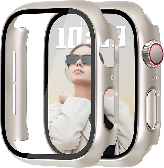 JR.DM 40mm 2 Pack Hard PC Case with HD Tempered Glass Screen Protector for Apple Watch Series 6/5/4/SE/SE2/SE3, Guard Bumper Full Protective Anti-Scratch Face Cover for iWatch, Starlight+ Clear by JRDM