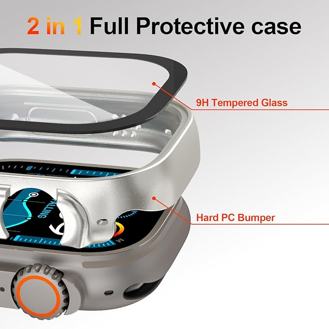 [2 Pack Case for Apple Watch Ultra 2/Ultra Screen Protector 49mm Accessories Built-in HD Tempered Glass Full Protective Hard PC Bumper Lightweight 2 in 1 Cover Compatible iWatch - Image 3
