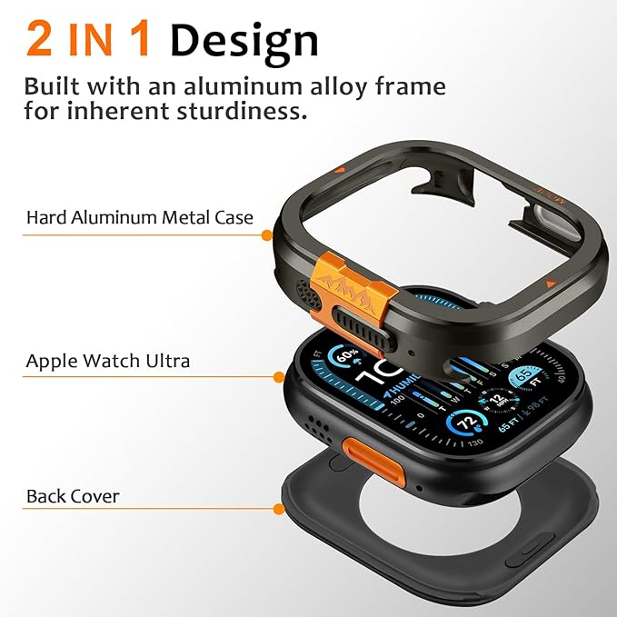 Amizee Metal Case Compatible with Apple Watch Ultra 3/2/1 49mm Case with Back Cover, Rugged Protective Bumper Cover for iWatch 49mm, Graphite - Image 3