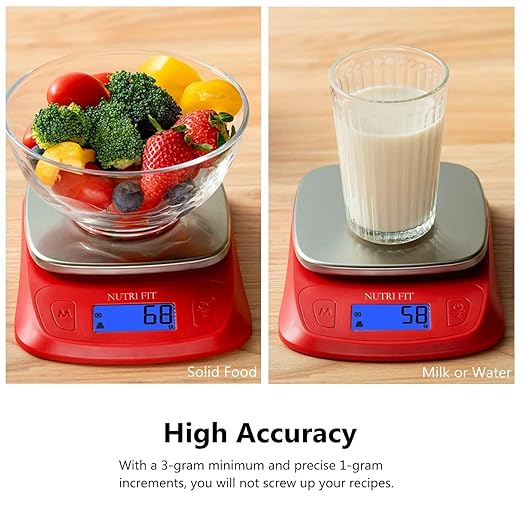 NUTRI FIT Ultra Slim Food Scale Digital Kitchen 1g Increment Measure in lb oz ml High Precision Weight in Grams and oz for Coffee Making, Meal Prep - Red/Stainless Steel - Image 8