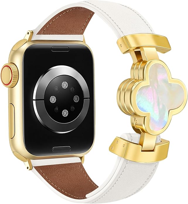 MOINSPIRE Designer Slim Leather Bands for Women,Lucky Four-Leaf Clover Cute Dressy Magnetic Watch Bands for iwatch Compatible with Apple Watch Series 11/10/9/8/7/6/5/4/3/2/1 SE 1/2/3 Ultra 1/2/3 by MOINSPIRE