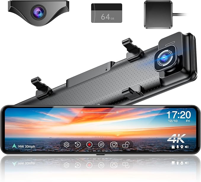G850+ 12" 4K UHD Mirror Dash Cam Front and Rear with Zoom Backup Camera, 2160P Dual Rear View Mirror Camera for Cars & Trucks, 64GB Card Included, GPS, WDR, Night Vision, Parking Assist & G-Sensor by Martalk