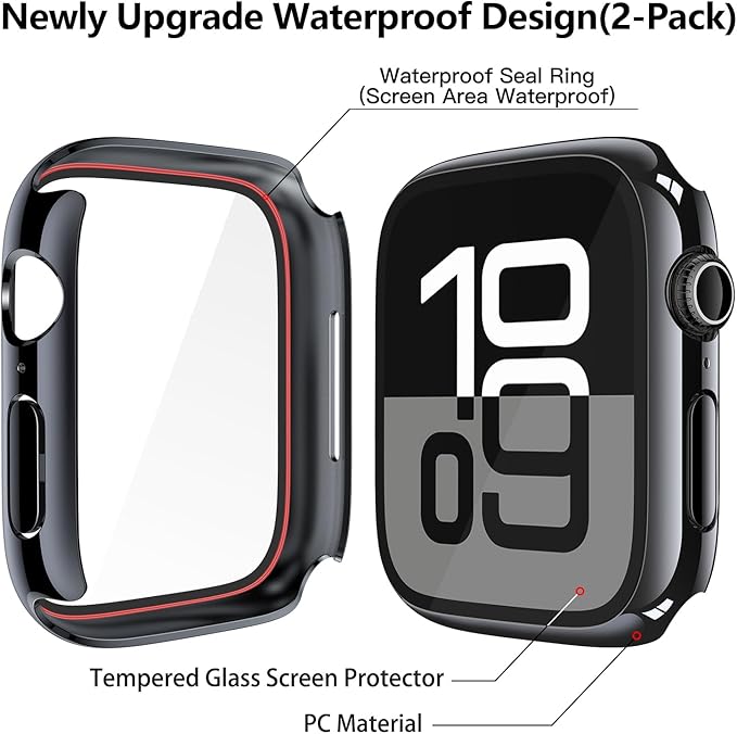 Misxi [2 Pack] Waterproof Hard Case with Tempered Glass Compatible with Apple Watch Series 11 (2025) Series 10 42mm, Overall Protective Cover for iWatch Screen Protector, 1 Jet Black + 1 Transparent - Image 5