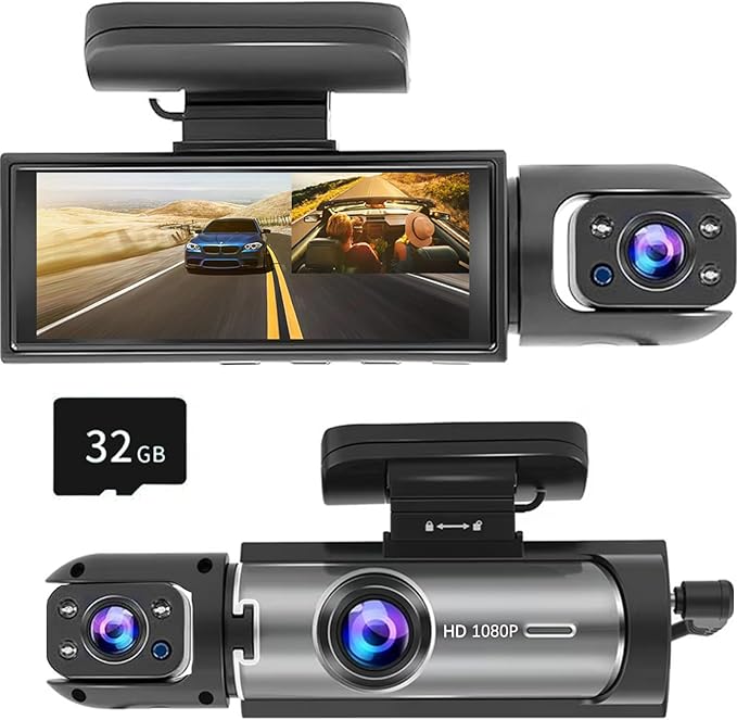 Dash Cam Front and Inside, 1296P Dual DashCams for Car, 3.16 Inch IPS Screen Driving Recorder with IR Night Vision, Loop Recording, Wide Angle Lens, 24H Parking Traffic Recorder with 32GB TF Card by YOVDA