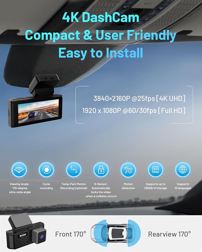 BCUOZ 4K Dual Dash Cam Front and Rear, GS200 170° Wide Angle Night Vision with 3.39” IPS Touchscreen, WiFi App Control, Night Vision, G-Sensor Loop Recording, 64GB Card Included Parking Monitoring - Image 2