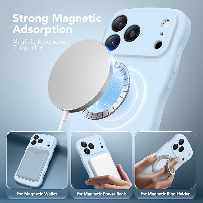 Magnetic for iPhone 17 Pro Case, [Full Camera Protection][Compatible with MagSafe] Cute Wave Frame Silicone Shockproof Protective Phone Case for iPhone 17 Pro 6.3", Light Blue - Image 2