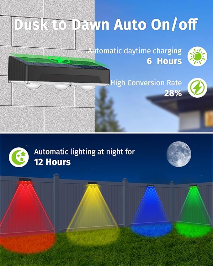 Solar Fence Lights Outdoor 8 Pack Waterproof Upgraded Brightness 3 LED Lens Solor Deck Lights Warm Cool Natural White RGB 10 Color Outside Solar Powered Wall Light for Backyard Garden Patio Step Rail - Image 3