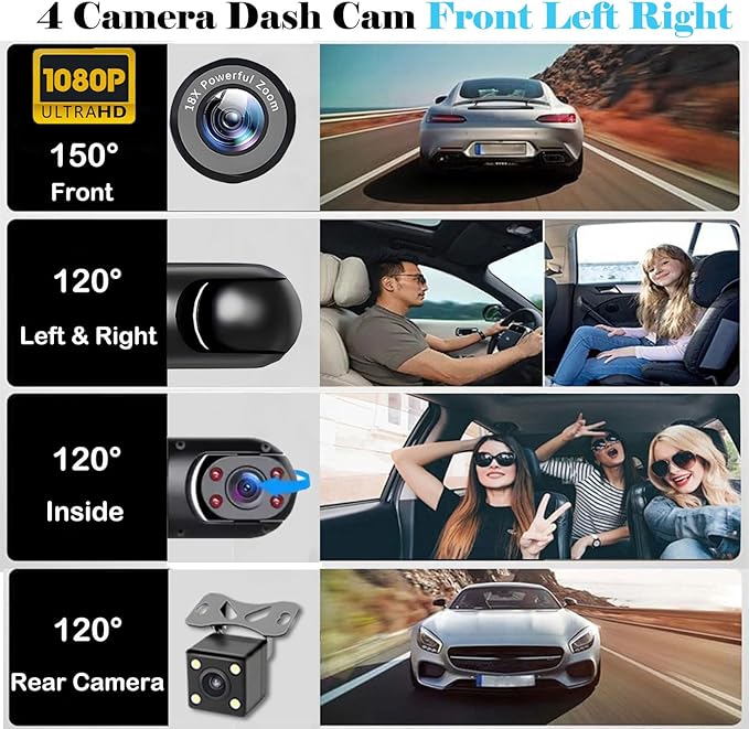 360° Full View Dash Cam Front and Rear Inside, 4 Channel Dashcam 1080P Full HD Dash Camera for Cars with Infrared Lamps Night Vision G-Sensor, Parking Mode, 64GB SD Card Car Accessories - Image 2