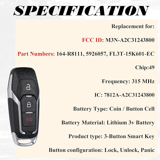 SUPALAND Key Fob Replacement Fits for Ford Explorer 2016 2017 Ford F-150 2015 2016 2017 Keyless Entry Remote Control M3N-A2C31243800 164-R8111 5926057 FL3T-15K601-EC 315 MHz - Image 3