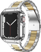 Compatible with Apple Watch Band and Case, Stainless Steel Metal Chain with TPU Cover, Smart-Watch Link Bracelet Strap, Wrist-Band for i-Watch Series 10 11, 46mm, Silver+Gold by MRYUESG