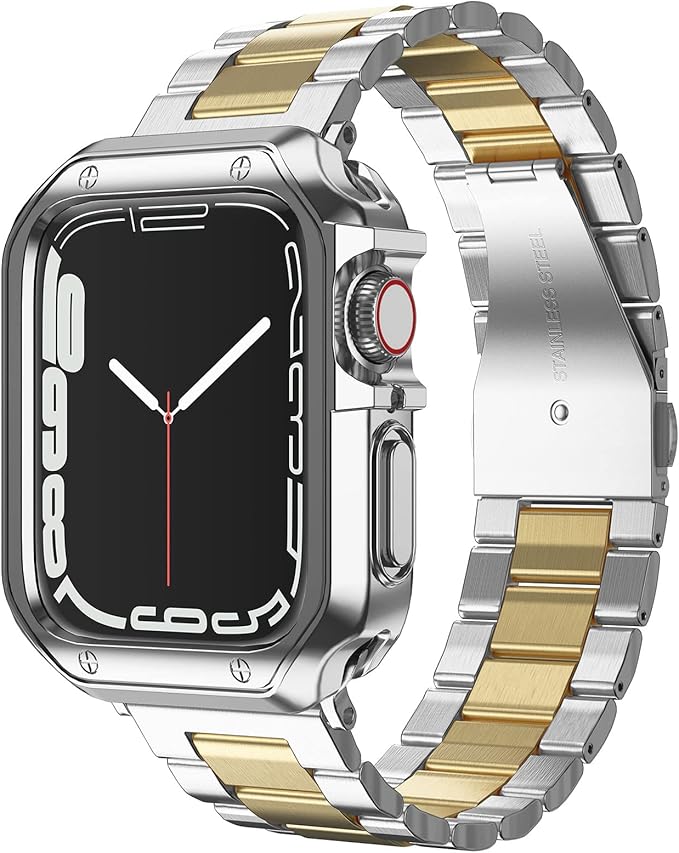 Compatible with Apple Watch Band and Case, Stainless Steel Metal Chain with TPU Cover, Smart-Watch Link Bracelet Strap, Wrist-Band for i-Watch Series 10 11, 46mm, Silver+Gold by MRYUESG