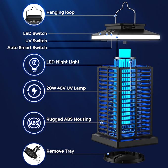 Bug Zapper Outdoor, Mosquito Zapper 2 in 1 Portable & Rechargeable Bug Zapper Outdoor with 5000mAh Battery & LED Night Light, 4000V Electric Fly Zapper for Outside,Patio,Backyard,Garden - Image 7