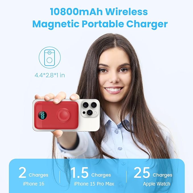 Pxwaxpy Magnetic Portable Charger 10800mAh,4-in-1 Power Bank with iWatch Charger, 25W PD Fast Charging USB C Battery Pack for Magsafe,iPhone 17/16/15/14/13/12 Series,Apple Watch (Red) - Image 2
