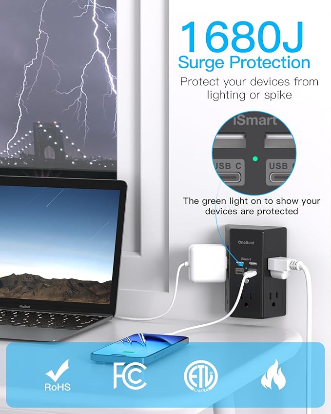 Surge Protector, 5 Outlets Extender with 4 USB Ports(USB C PD20W), 3-Side 1680J Power Strip Multi Plug Outlet Expander, USB Wall Charger, Outlet Splitter Adapter Wall Mount for Home Office(Black) - Image 6