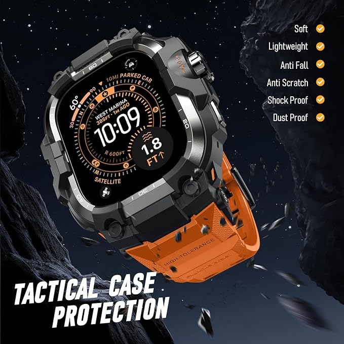BXUXOHS Rugged Case and Band for Apple Watch Ultra 3/2/1 49mm Men, Military Grade Shockproof Bumper Cover, with 2 Pack Screen Protector, Tactical Band Case for iWatch Ultra 3 2 1 Man, Orange - Image 6