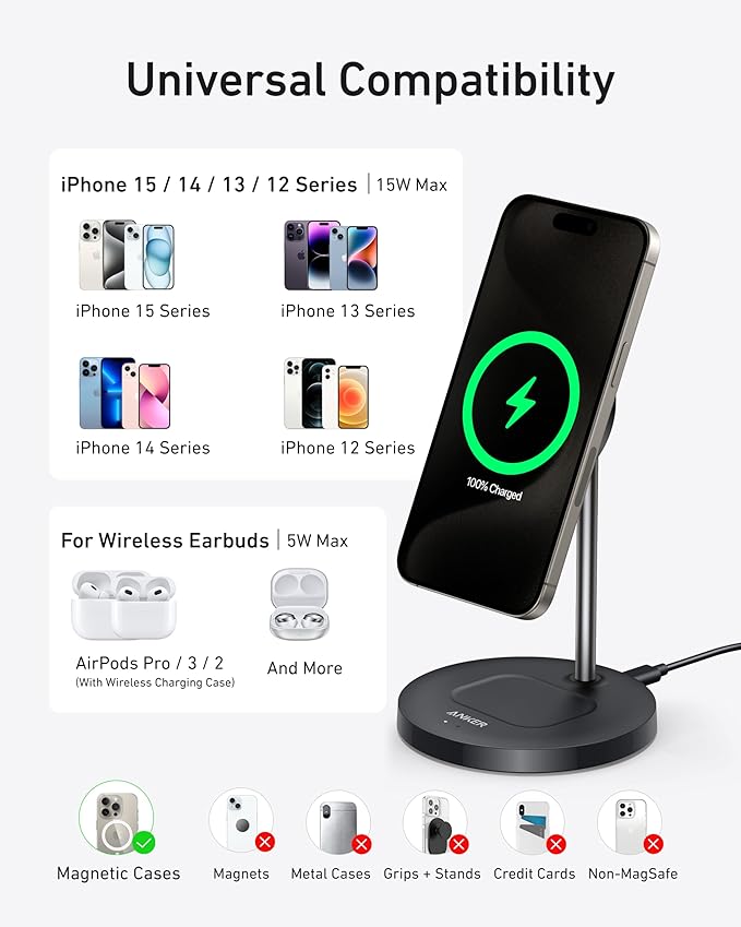 Anker MagSafe Compatible MagGo Charger Stand, iPhone 17 Wireless Charger, 2-in-1 Charging Station, Qi2 Certified 15W Fast Charging, for iPhone 17/16/15/14/13/12, AirPods Pro (40W Adapter Included) - Image 6