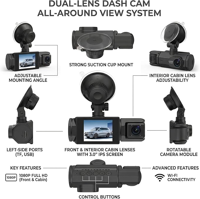 Three-Lens Driving Recorder, 3 Channel Dash Cam Front Inside Rear, 1080P Car Camera with App (Record+WiFi) - Image 3