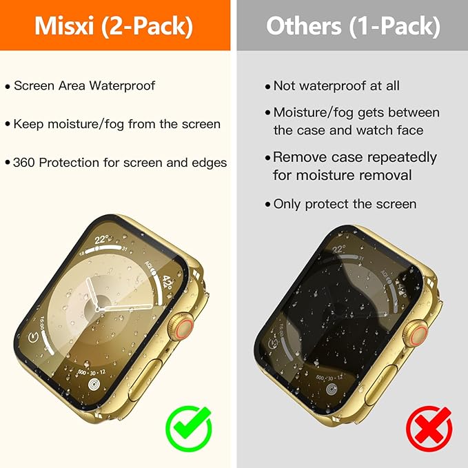 Misxi [2 Pack] Waterproof Hard Case with Tempered Glass Compatible with Apple Watch Series 9 Series 8 Series 7 41mm, Ultra-Thin Cover for iWatch Screen Protector, 1 Gold + 1 Transparent - Image 3
