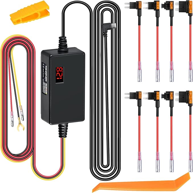 Dash Cam Hardwire Kit, 12V-24V to 5V/3A with Voltage Display 24/7 Parking Mode Acc Detection 3-Level Low Voltage Protection (11.6V/12V/12.4V) Car Dash Camera Charger Power Cord by Unknown