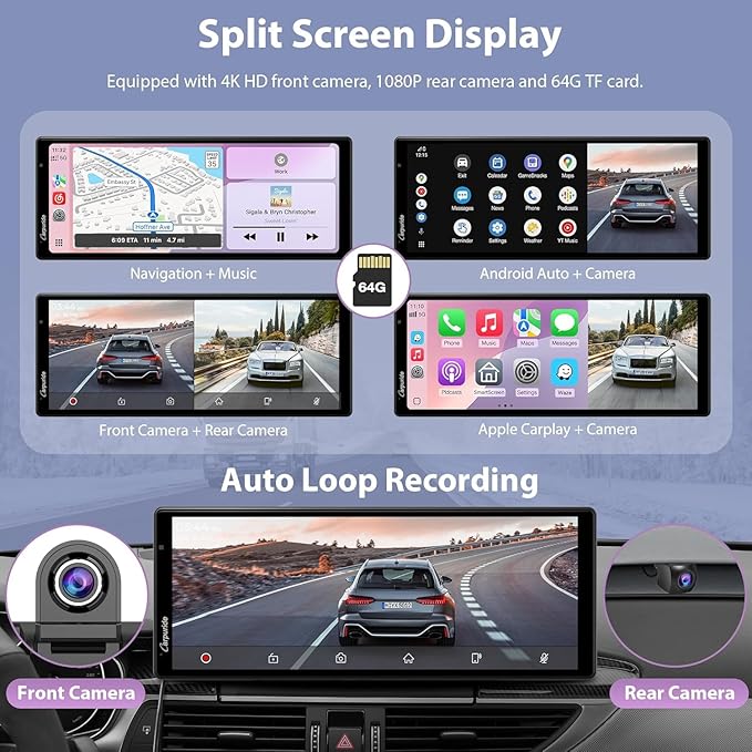 Carpuride Wireless Carplay & Android Auto with Dash Cam - 10.26 Inch HD IPS Touch Car Play Screen for Car, 4K Front & 1080P Rear Camera, Loop Recording, Bluetooth Audio, Mirror Link, GPS, Siri - Image 2