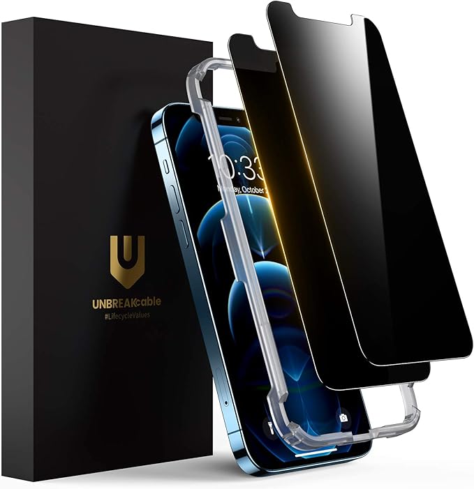 UNBREAKcable Privacy Screen Protector for iPhone 12/ iPhone 12 Pro, Shatterproof Tempered Glass [True 28°Anti Spy] [9H Hardness] [Easy Installation Frame] Black Protector for iPhone 6.1" - 2 Pack by UNBREAKcable